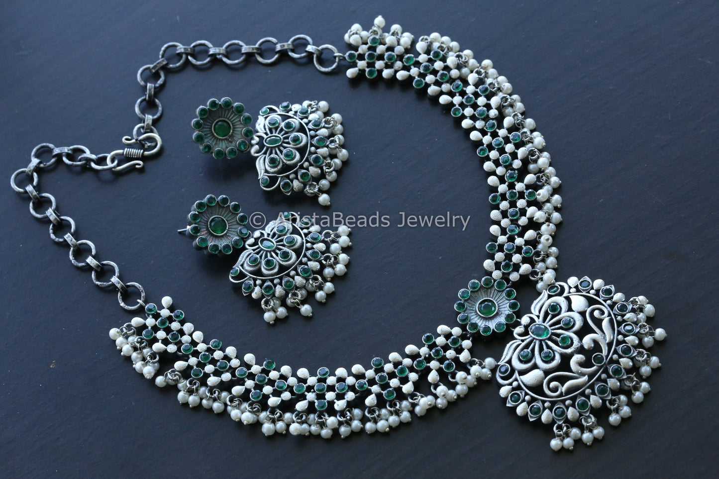 Falak Silver Look Oxidized Necklace Set - Green