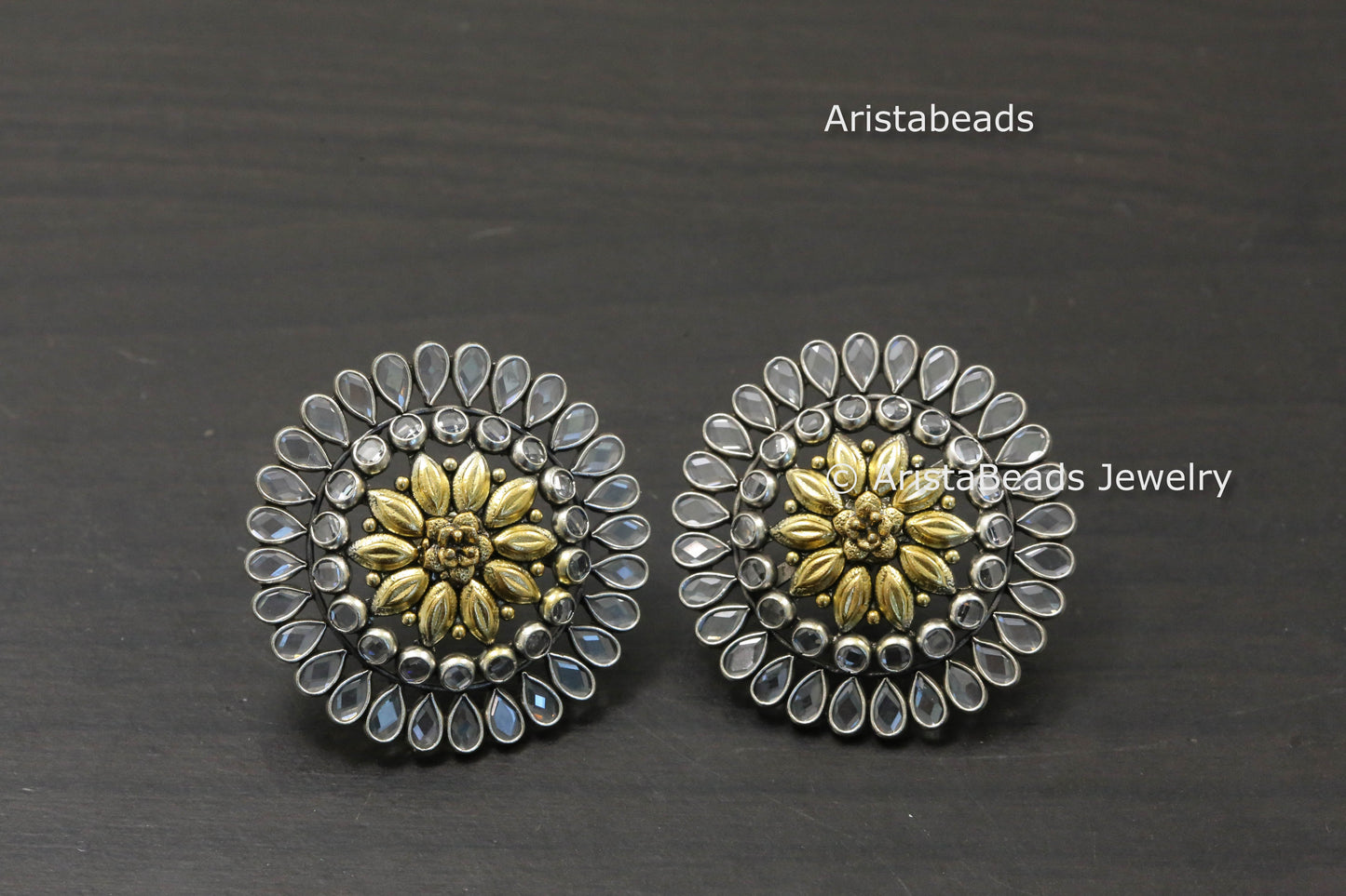 Large 925 Sterling Silver Dual Tone Polki Studs