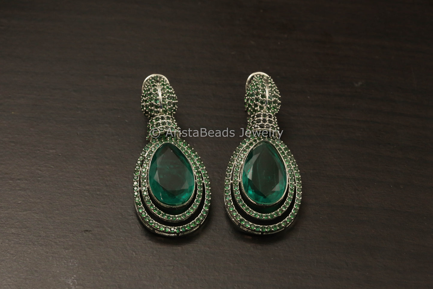 Silver CZ & Doublet Earrings - Green