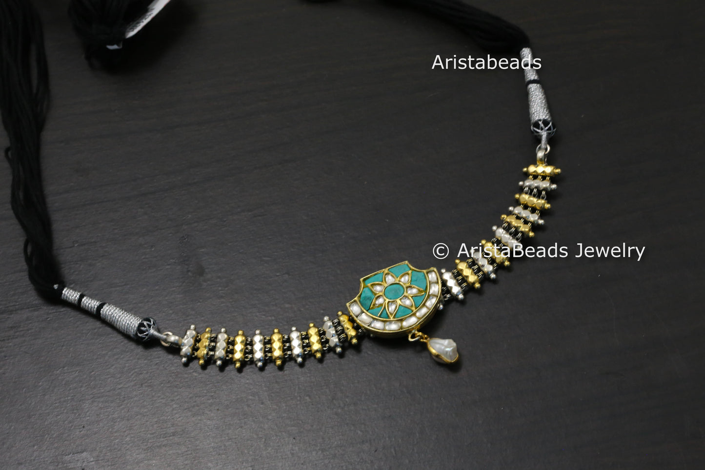 925 Sterling Silver Jadau Kundan Necklace - Turquoise