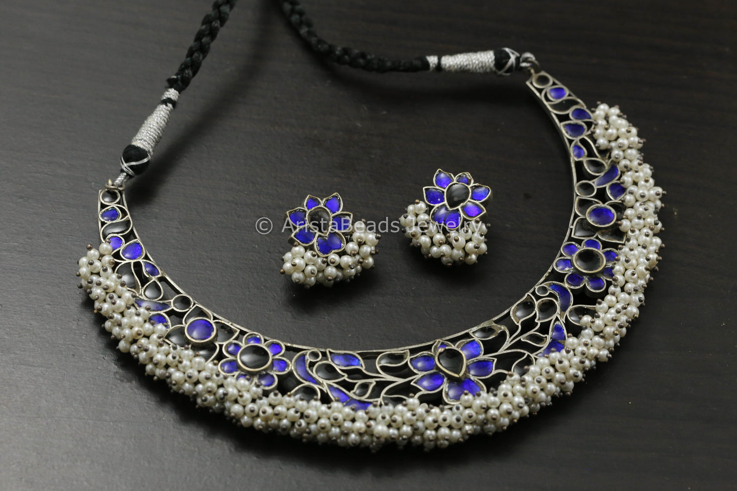 Silver Finish Jadau Hasli Necklace Set - Blue