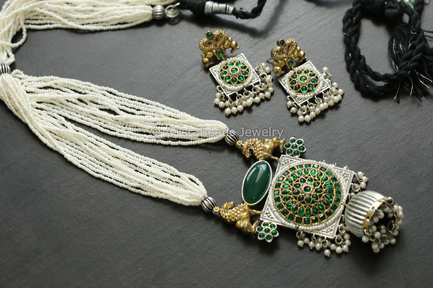 Handmade Dual Tone Jhumka Necklace Set - Green