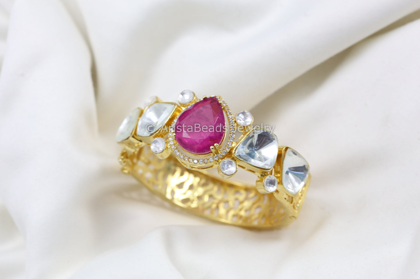 Gold Uncut Polki & Doublet Bracelet (Openable) - Pink