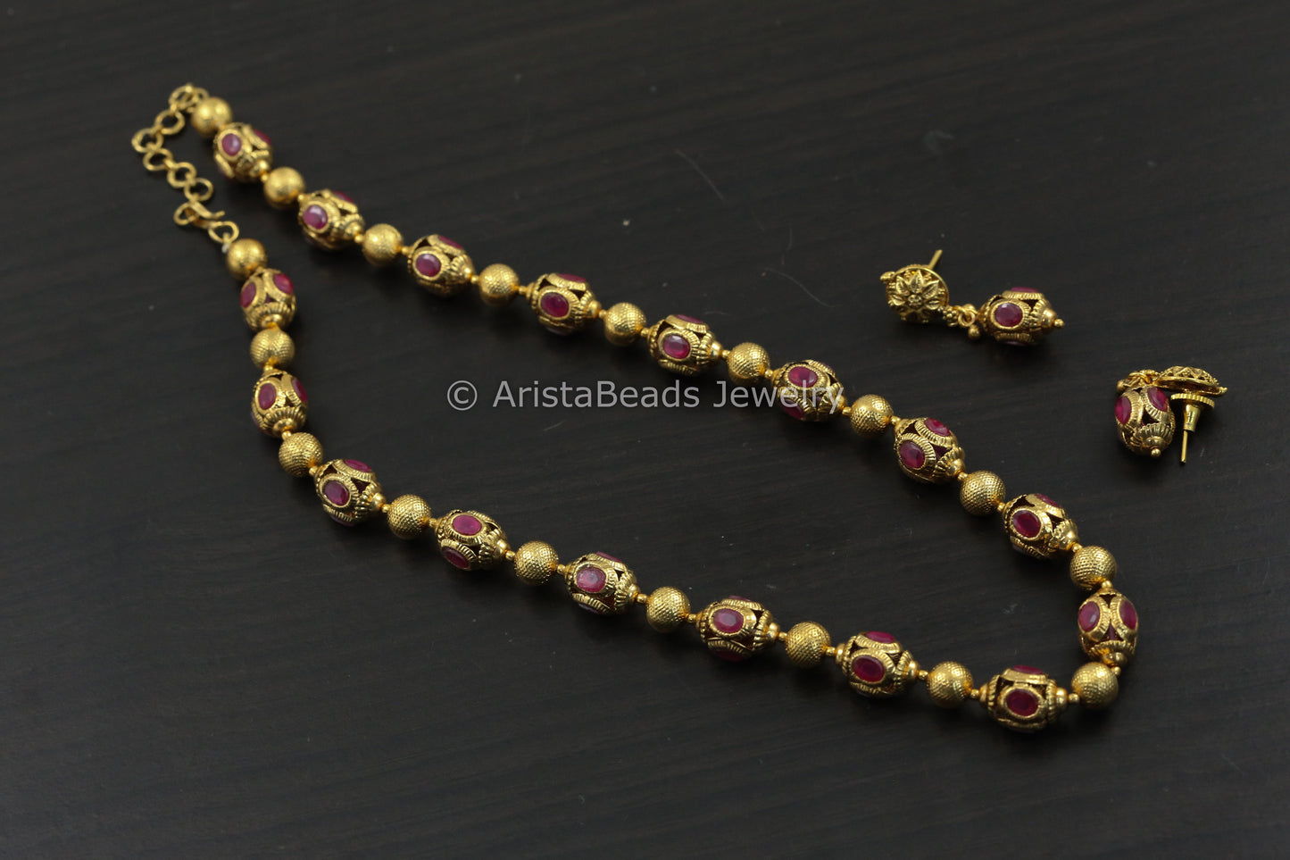 Antique Gold Ruby Beaded Necklace Set