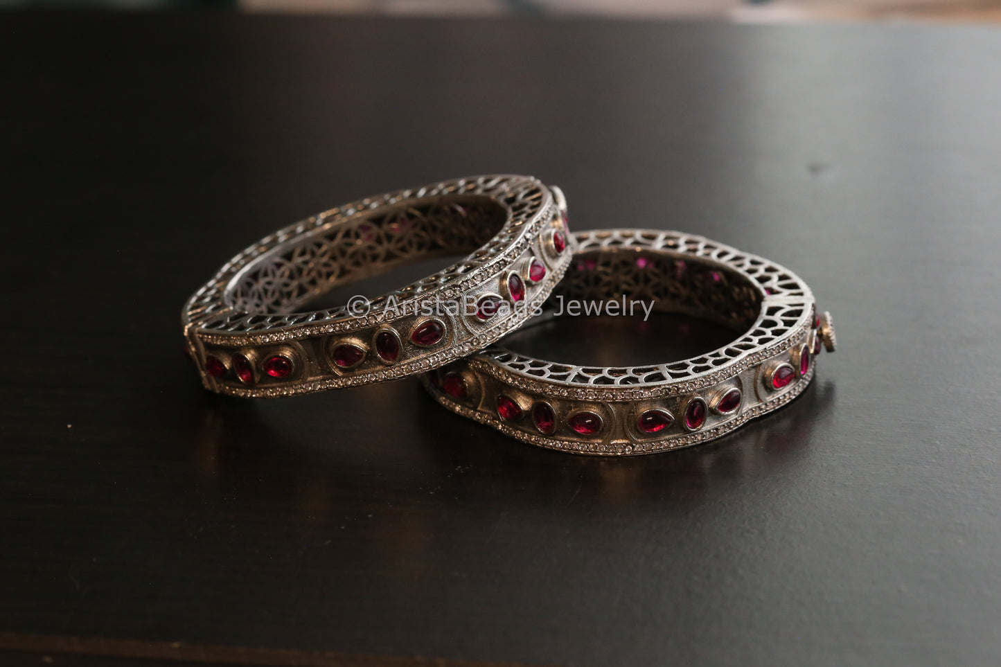 Silver Look Kemp Oxidized Bangle (Openable) - Ruby