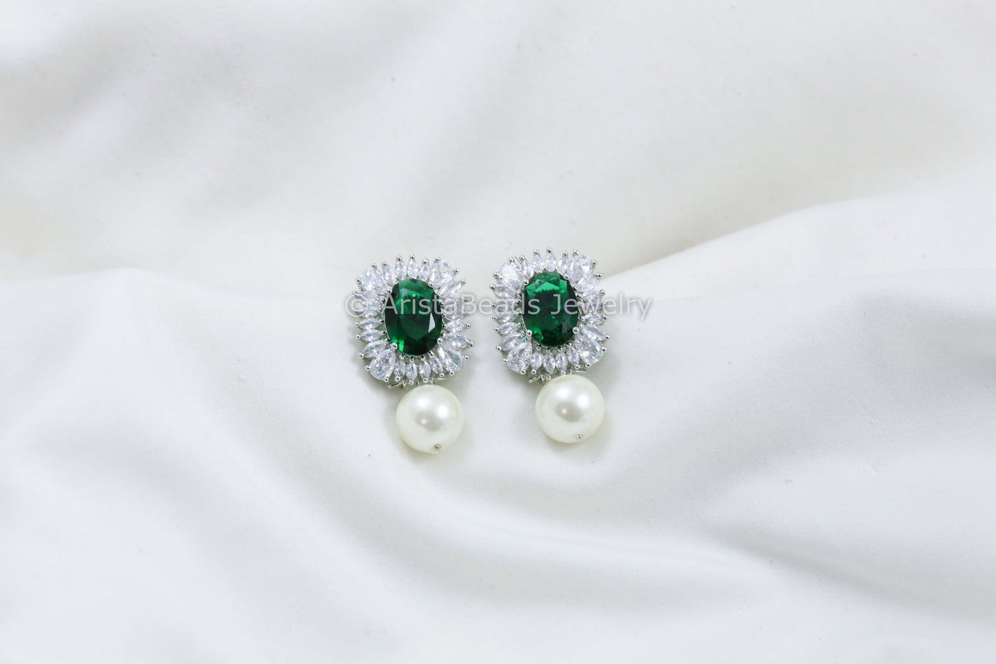 Green CZ Earring With Pearl Drops