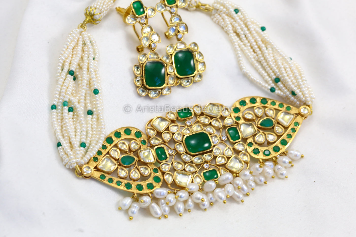 Green Pota, Real Pearls, Kundan & Jadau Work Choker Set
