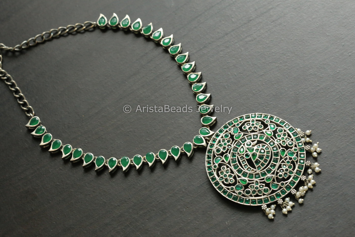 Oxidized Emerald CZ Jadau Look Necklace