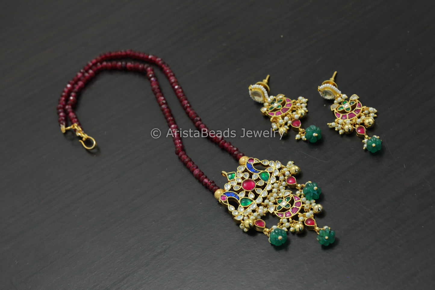 Dainty Pachi Kundan & Ruby Jade Mala Necklace Set