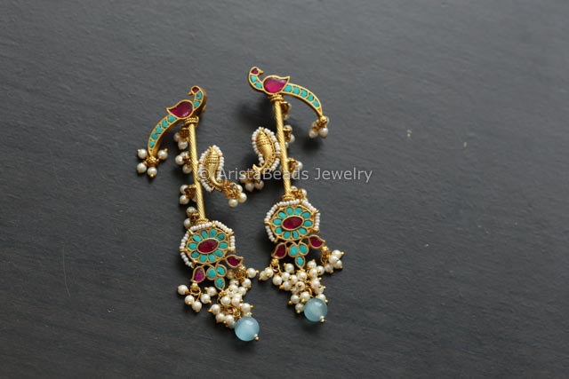 Long Fine Jadau Kundan Work Earrings - Turquoise