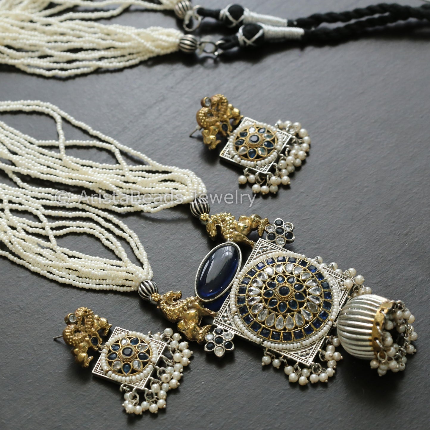Handmade Dual Tone Jhumka Necklace Set - Blue
