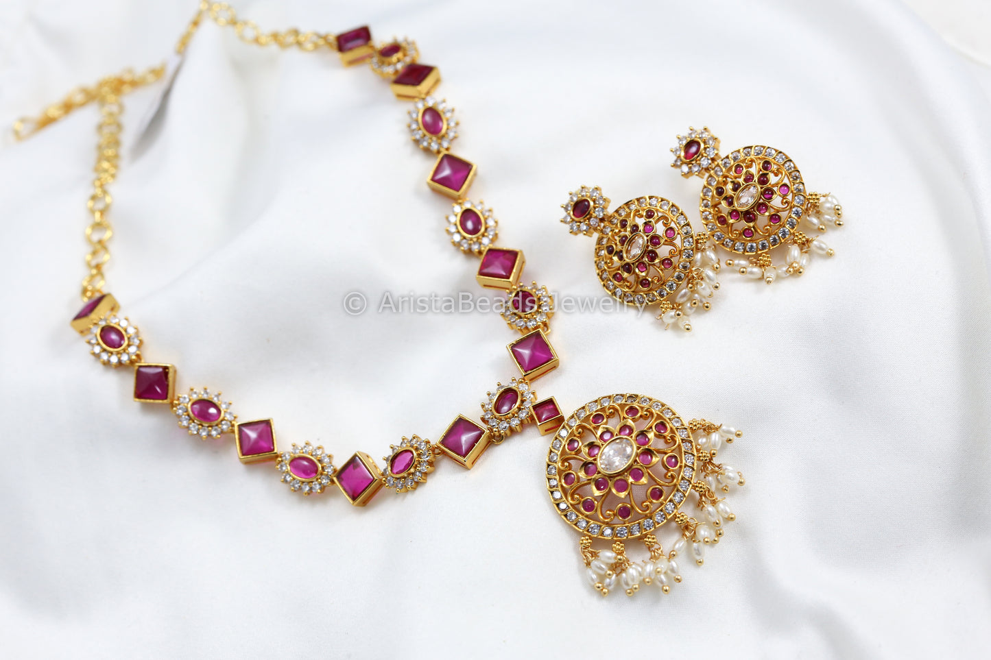 Dainty CZ Pota Stone Necklace Set With Real Pearls - Ruby
