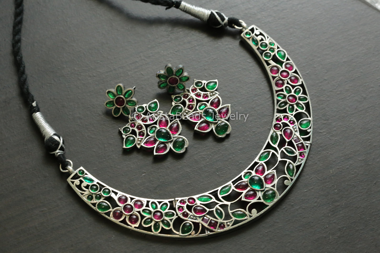 Handmade Oxidized Hasli Necklace - Ruby Green