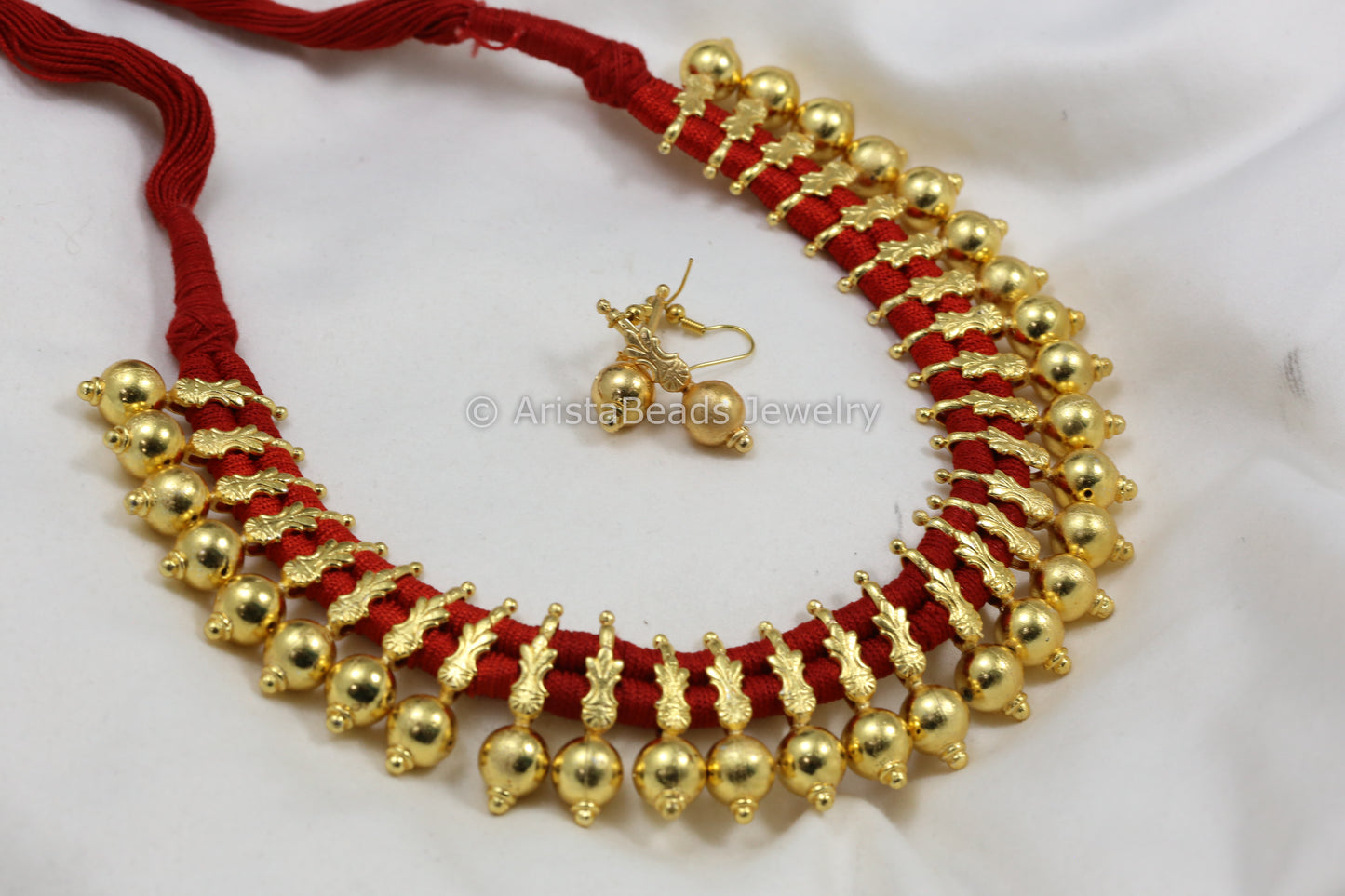 Gold Finish Thread Necklace - Red