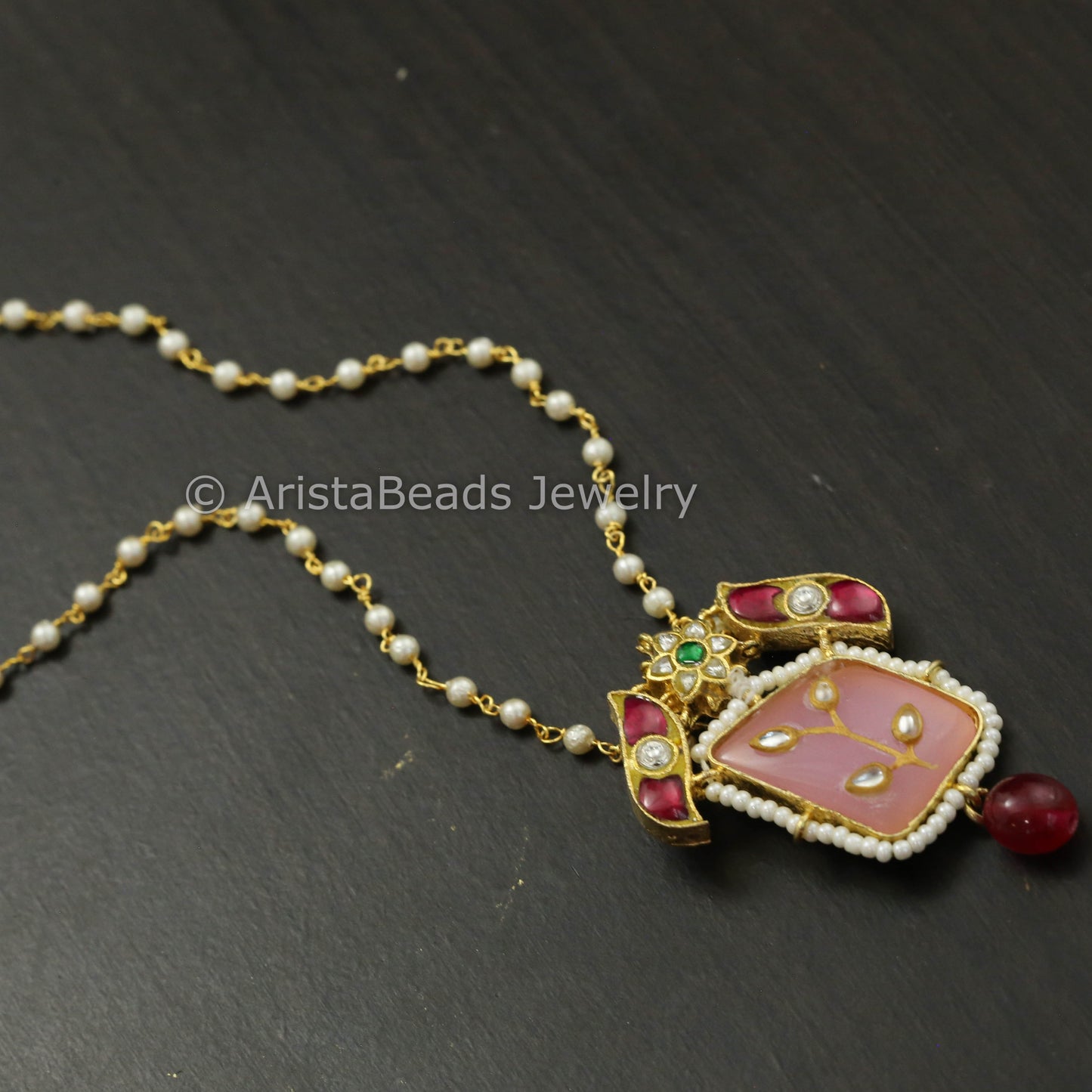 Dainty Jadau Kundan Pendant Necklace - Pink