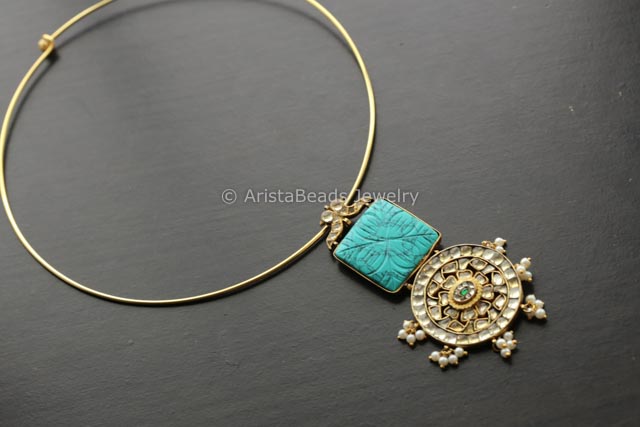 Jadau Kundan Pendant Hasli Necklace - Turquoise Cab