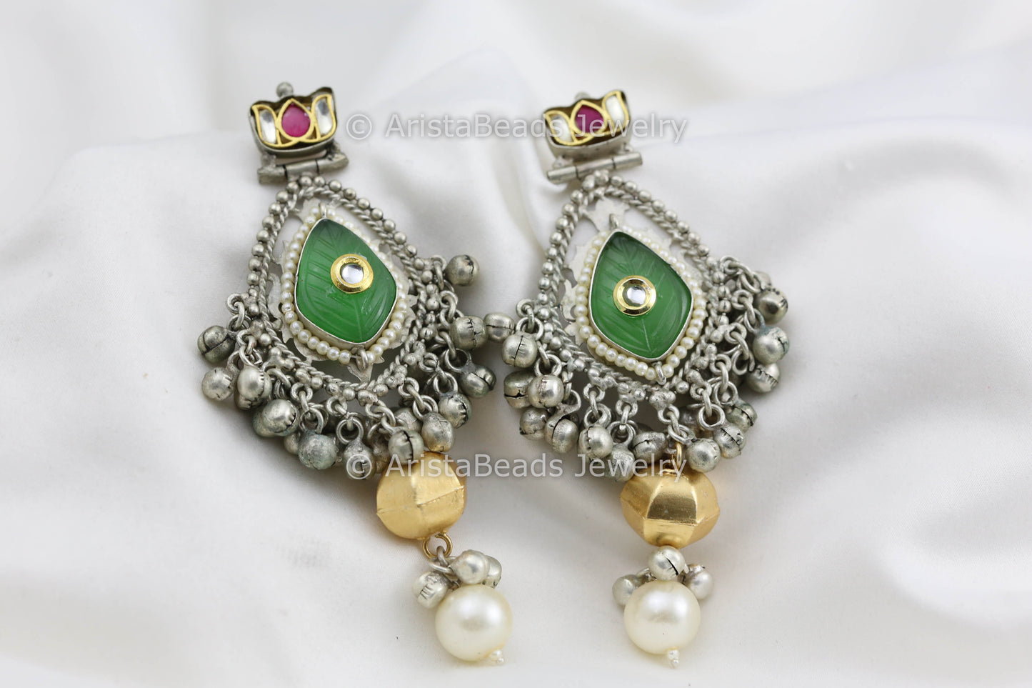 Green Carved Stone Silver Replica Earrings