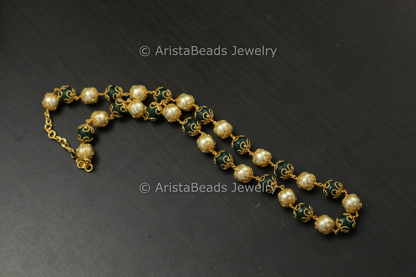 Single Strand Pearls & Green Agate Beaded Mala