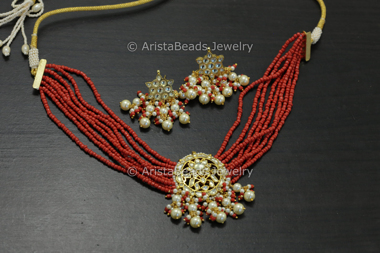 Coral Red Pachi Kundan Necklace Set