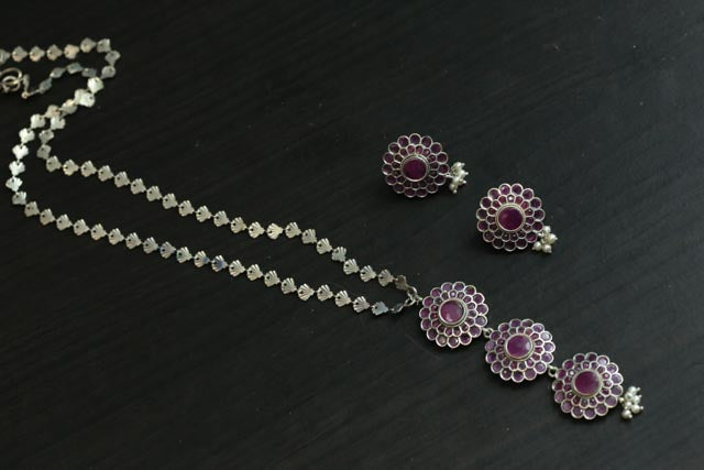 Silver Look Long Necklace Set - Ruby