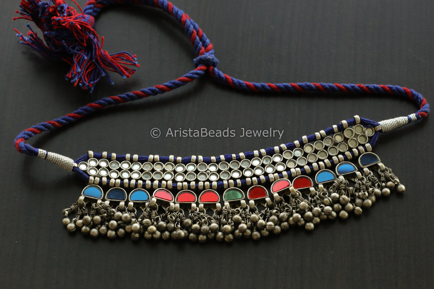 Darpan Oxidized Real Glass Necklace- Multi