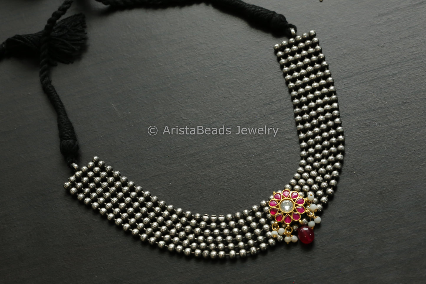 Handmade Oxidized Necklace - Ruby Kundan Jadau Motif