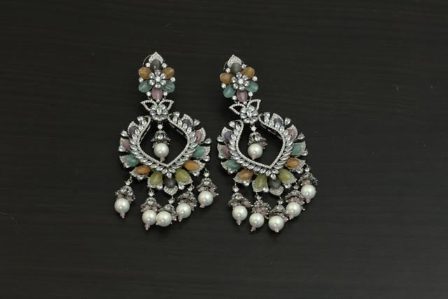 Large Contemporary CZ Silver Finish Earrings