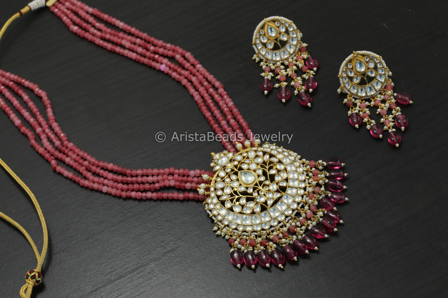Large Clear Pachi Kundan Necklace Set In Onxy Beads