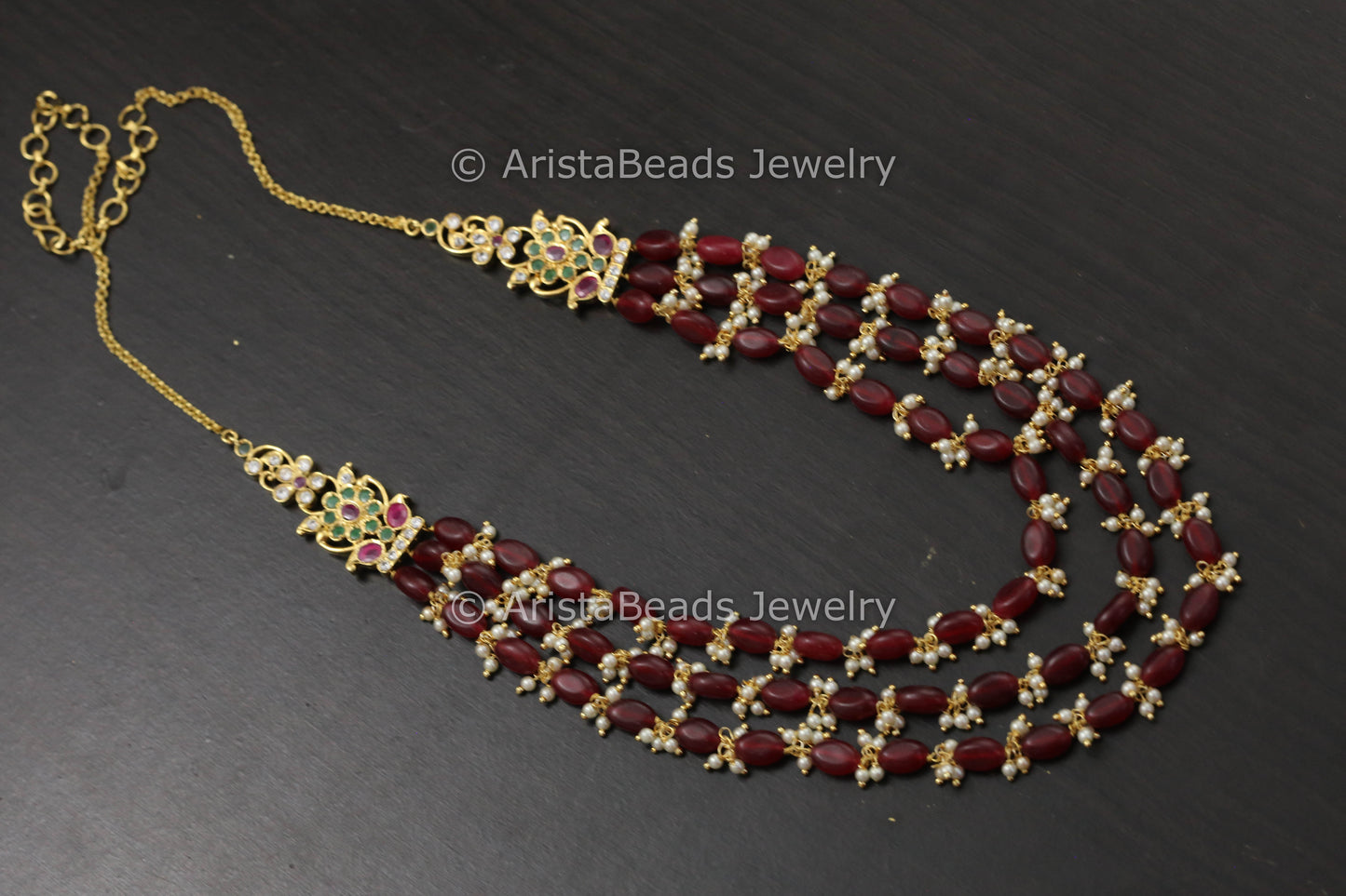 3 Strands Beaded Necklace - Ruby