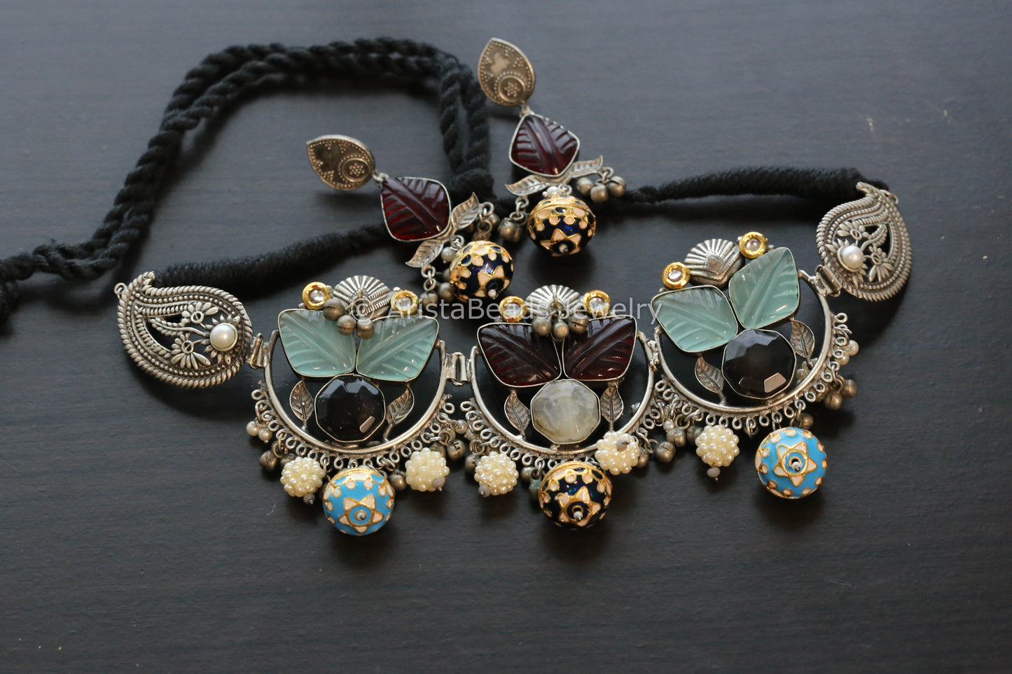 Handmade Carved Stone Kundan Necklace Set -Mint
