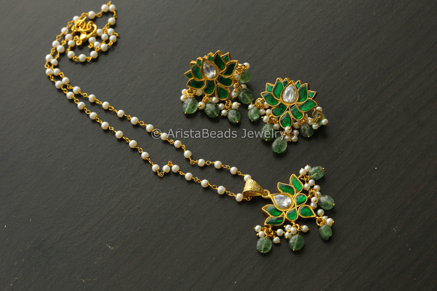Silver Look Jadau Kundan Lotus Earrings - Green