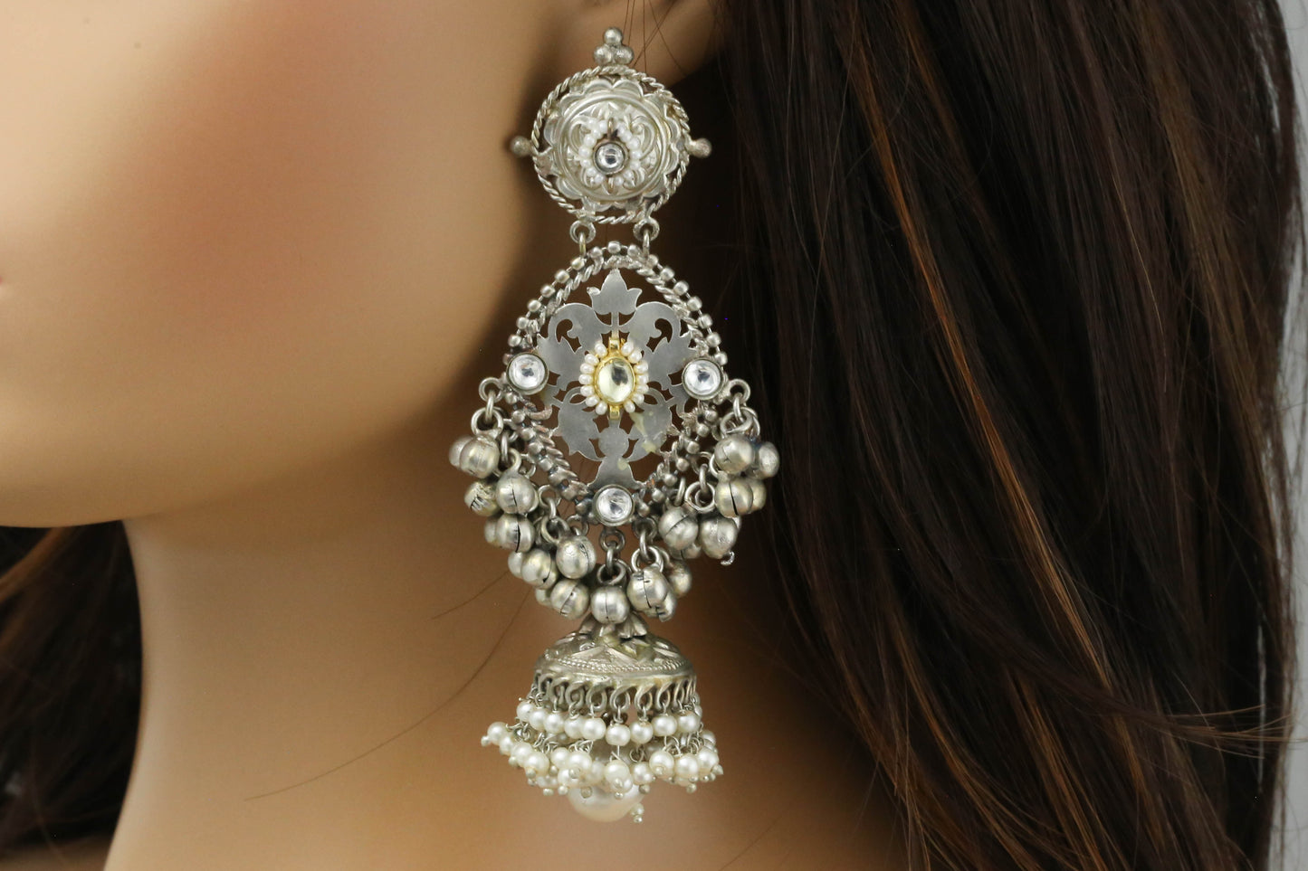 Silver Polish Clear Kundan Jhumka Earrings