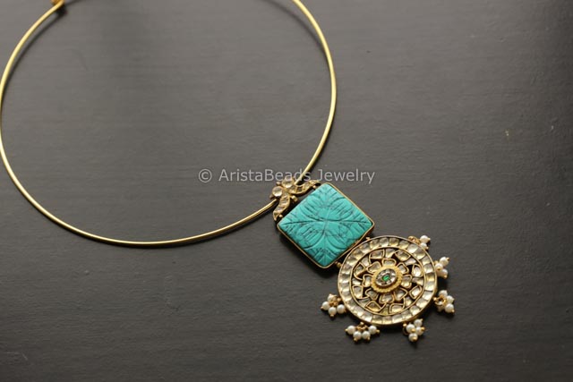 Jadau Kundan Pendant Hasli Necklace - Turquoise Cab