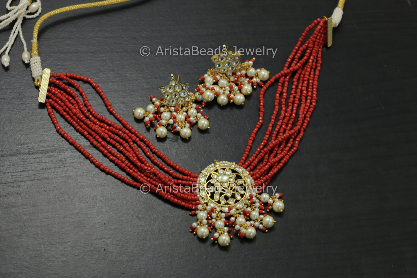 Coral Red Pachi Kundan Necklace Set