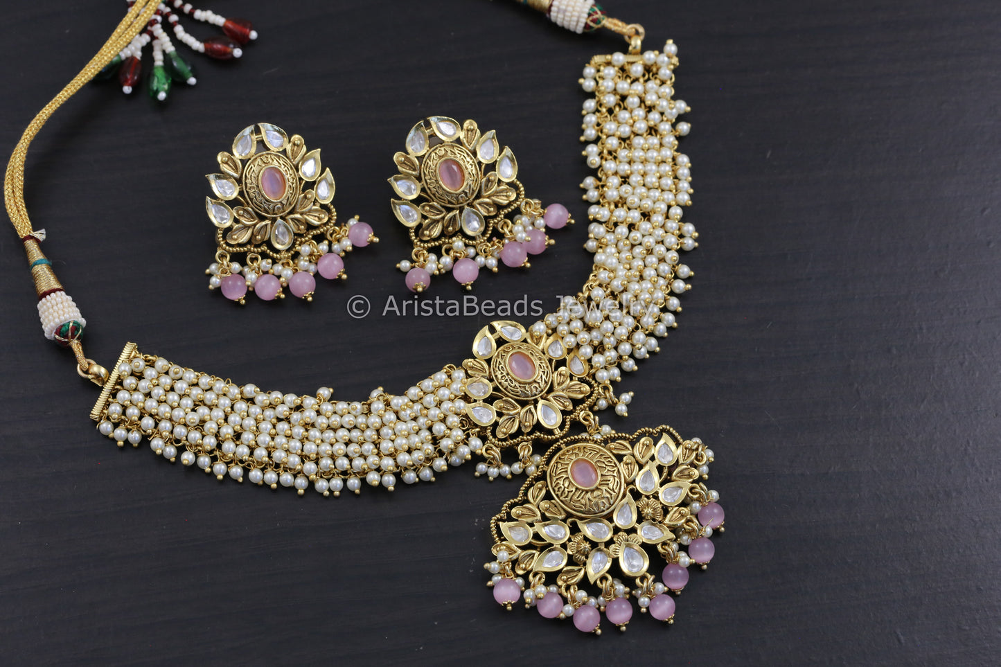 Kundan & Pearl Guttapusalu Necklace Set - Pink
