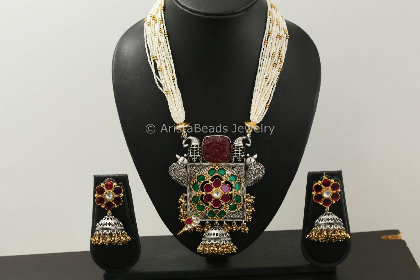 Dual Tone Pota Stone Kundan Necklace Set -Red Green