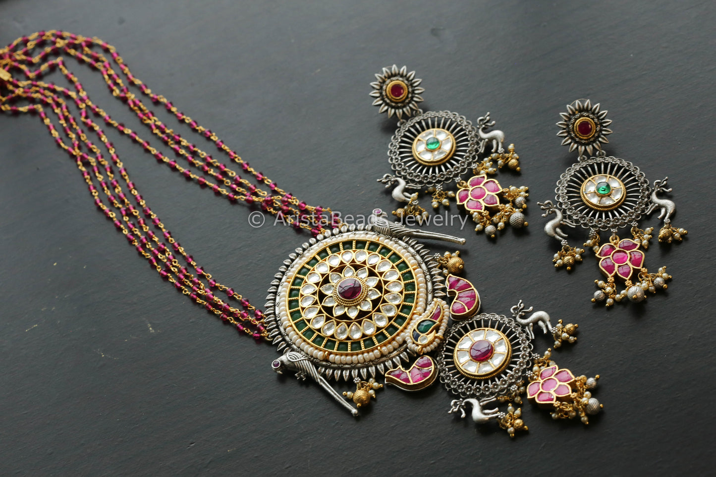 Silver Look Alike Pachi Kundan Necklace Set - Ruby