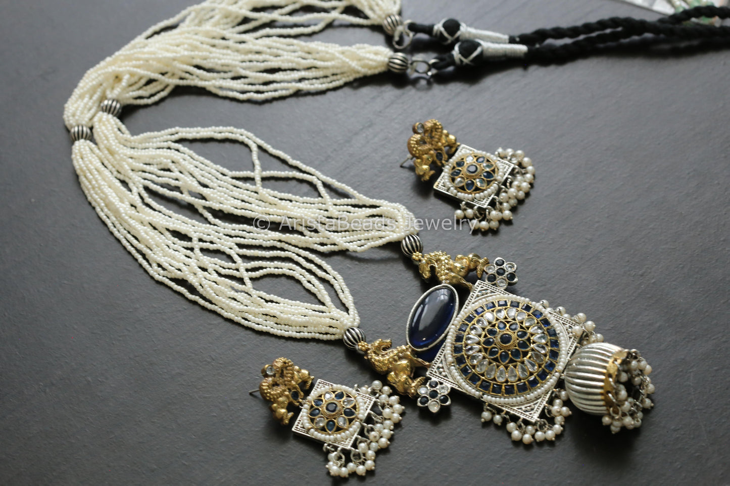Handmade Dual Tone Jhumka Necklace Set - Blue