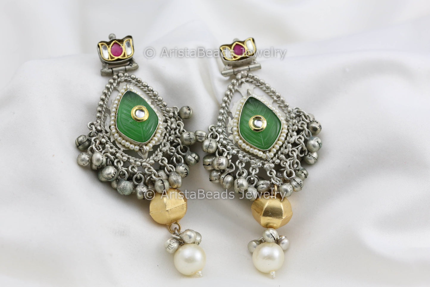 Green Carved Stone Silver Replica Earrings