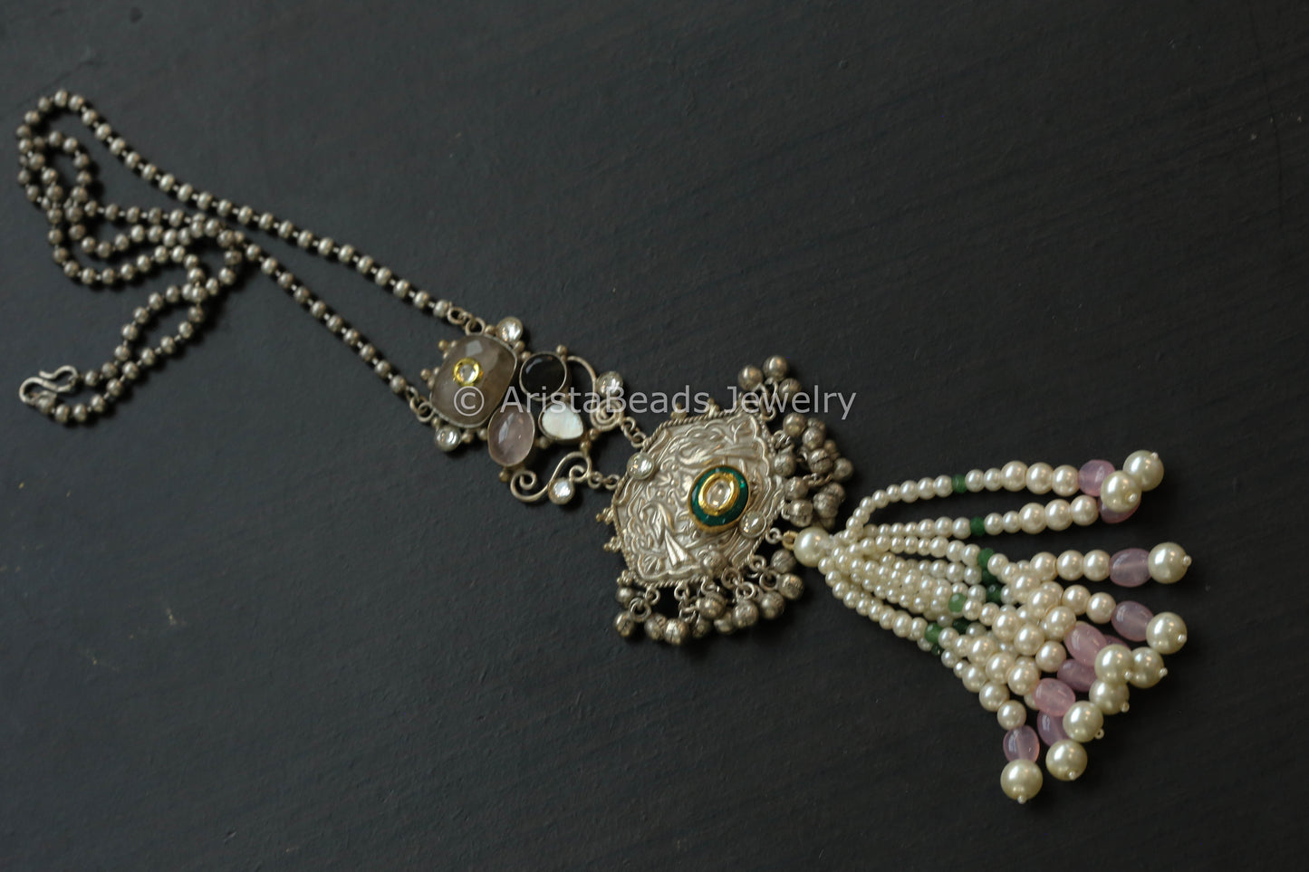 92.5 Silver Polish Kundan & Semiprecious Stones Necklace - Style 2