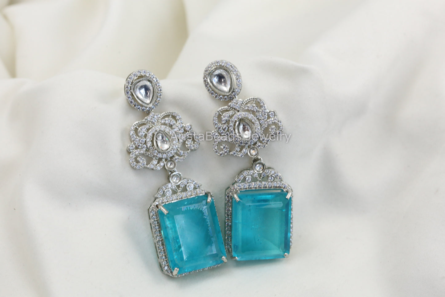 Aqua Blue Doublet, CZ & Uncut Polki Earrings