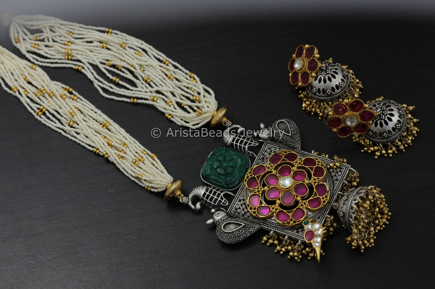 Dual Tone Pota Stone Kundan Necklace Set - Green Ruby