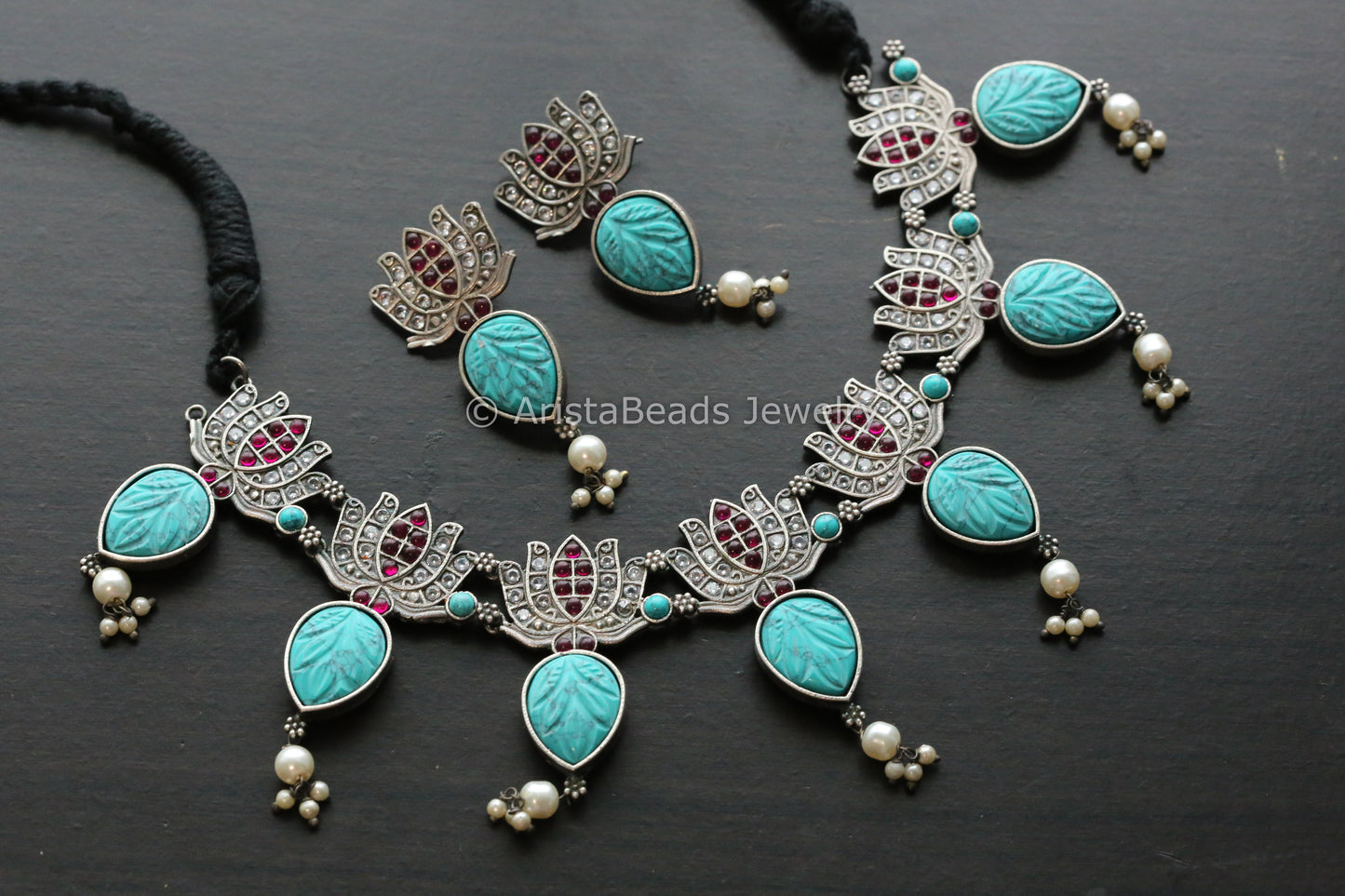 Oxidized Carved Stone Lotus Necklace Set - Turquoise