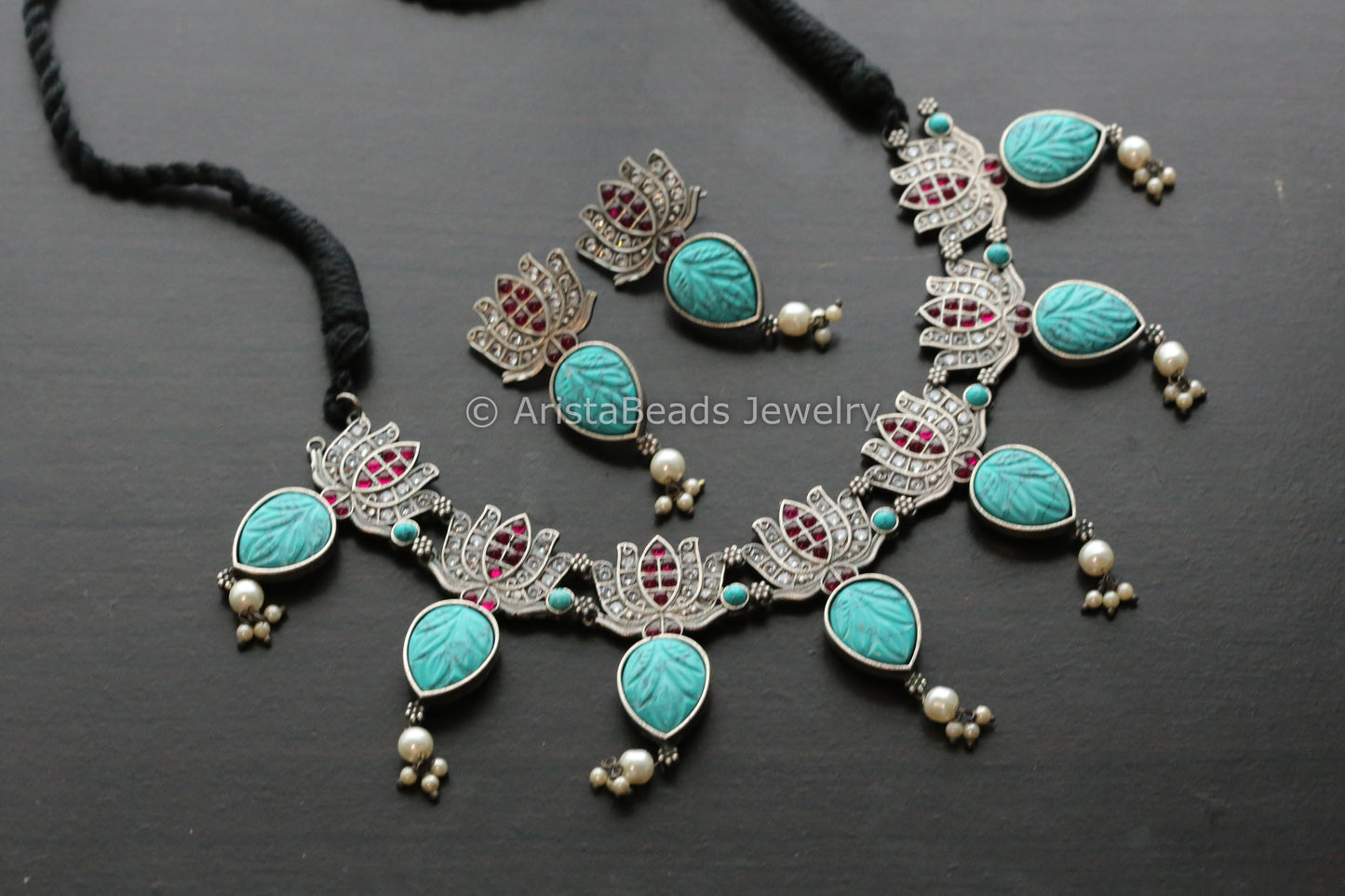 Oxidized Carved Stone Lotus Necklace Set - Turquoise