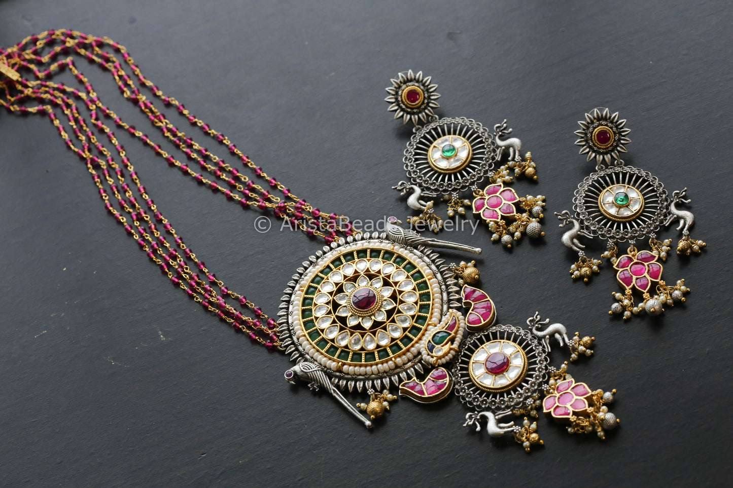 Silver Look Alike Pachi Kundan Necklace Set - Ruby