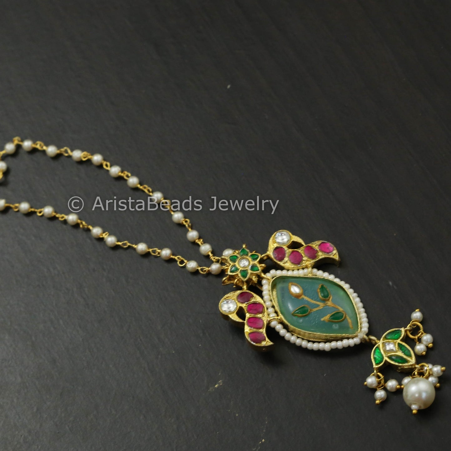 Dainty Jadau Kundan Pendant Necklace - Mint