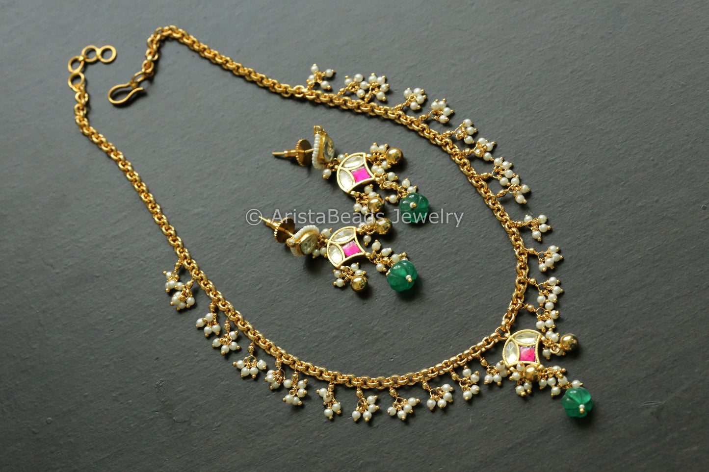 Dainty Pachi Kundan Necklace Set - Ruby Green