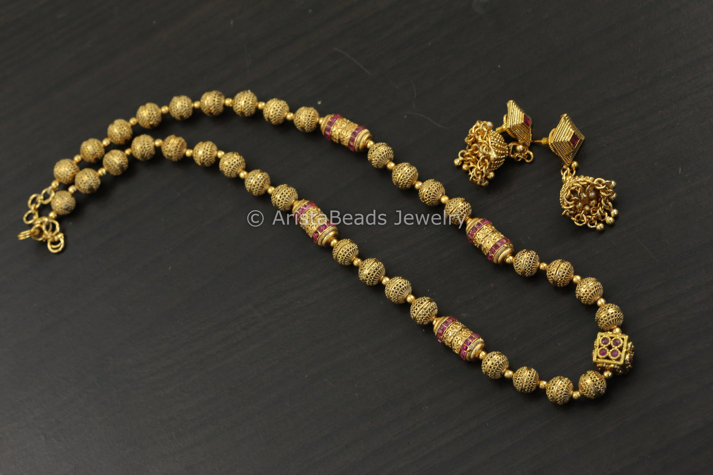 Antique Gold Beaded Necklace Set - Ruby