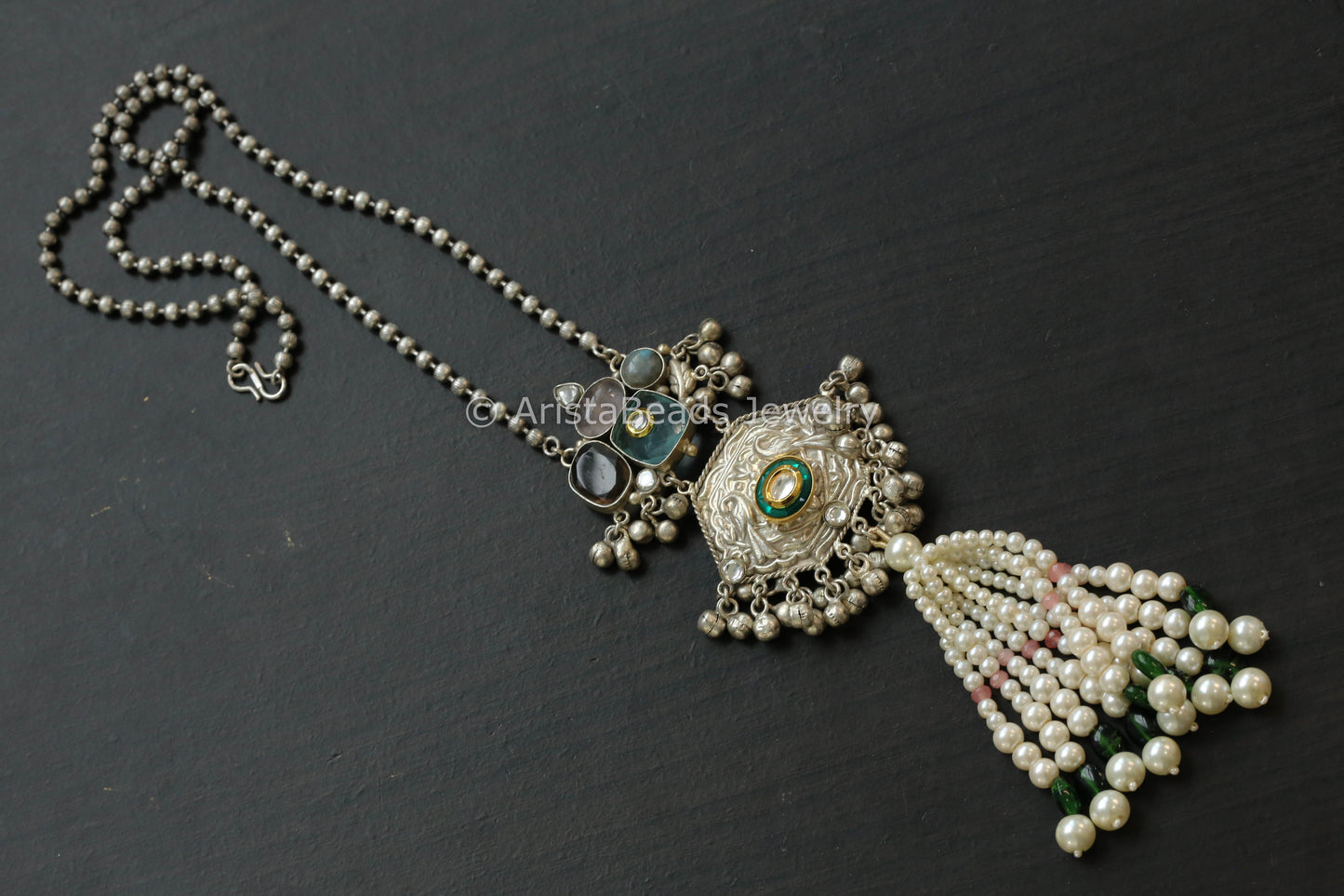 92.5 Silver Polish Kundan & Semiprecious Stones Necklace - Style 1