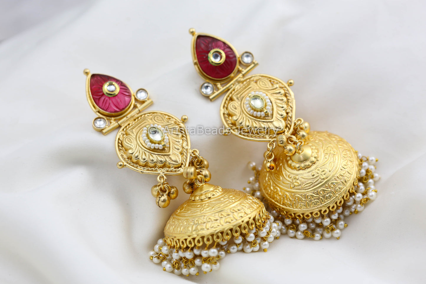 Large Gold Silver Replica Jhumka - Red